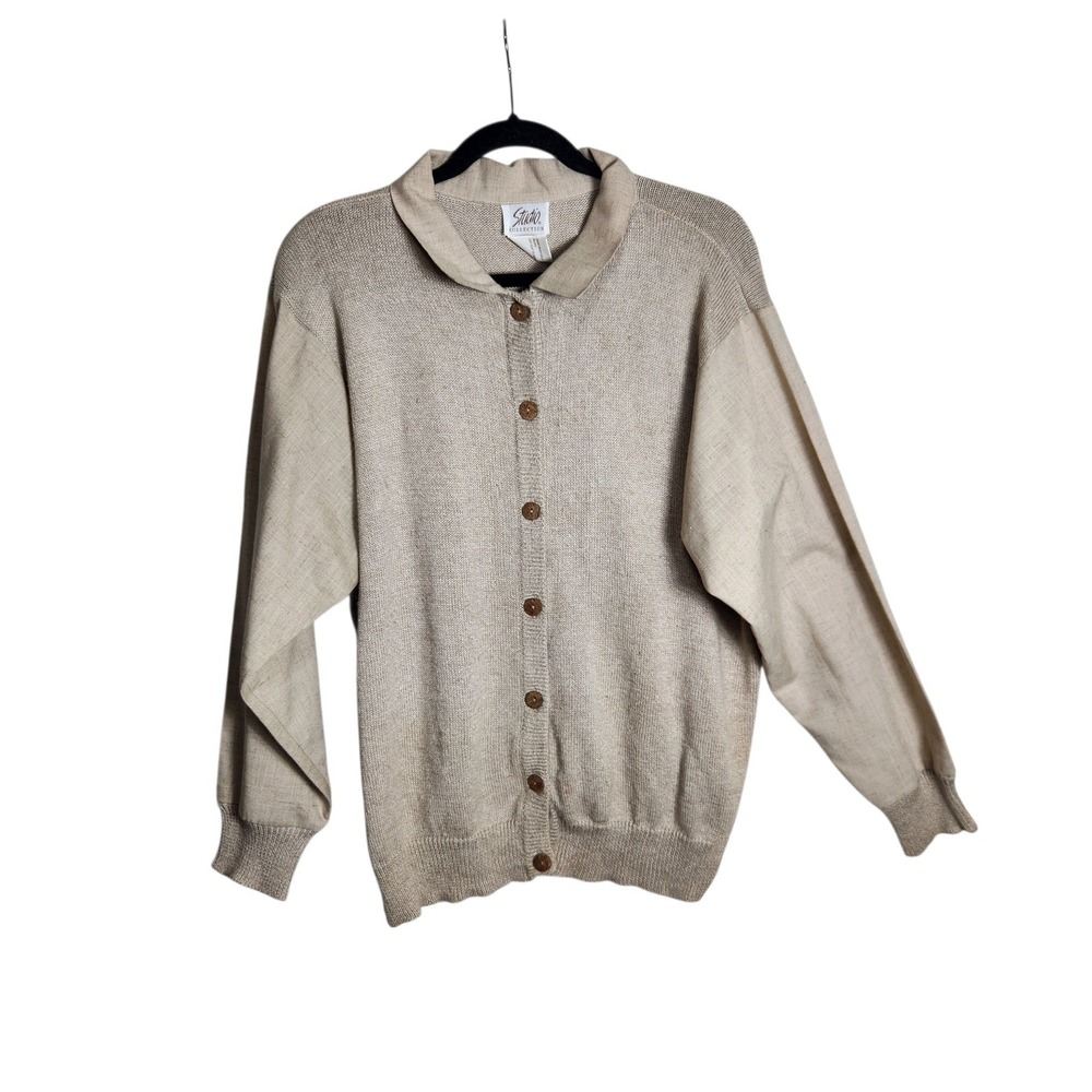 Studio Collection Beige Mixed Media Knit Woven Button Front Cardigan XL